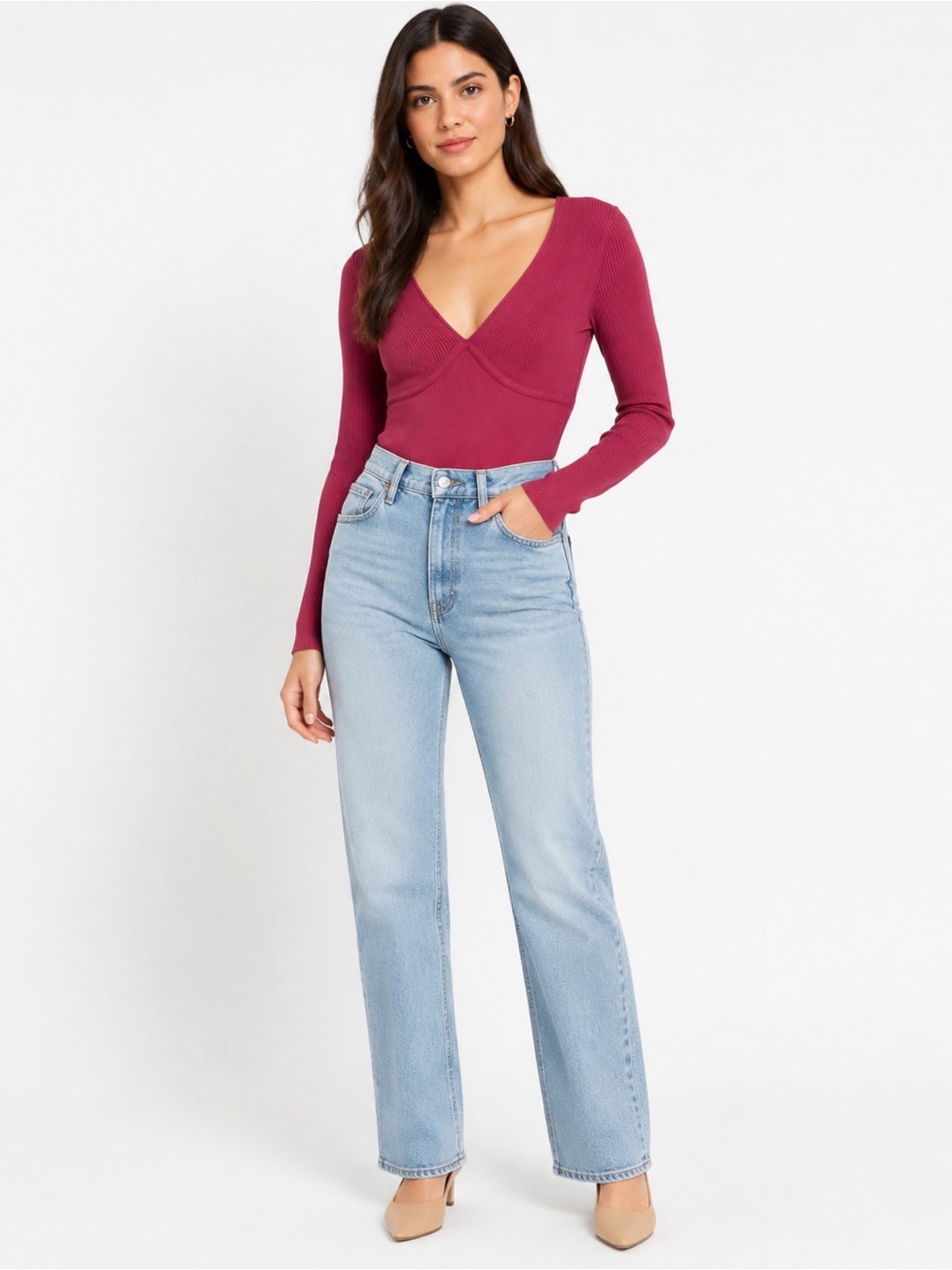 Abercrombie & Fitch Ribbed V‑Neck Long Sleeve Bodysuit in Berry